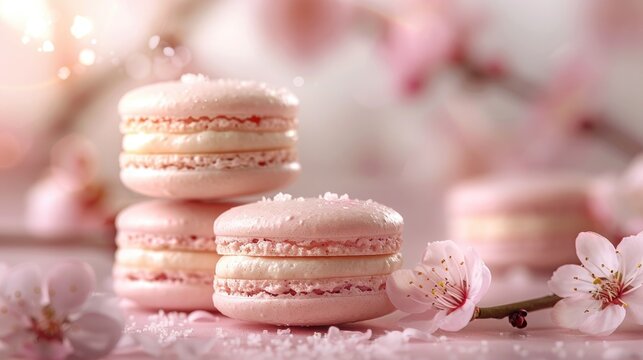 Pink macarons with delicate floral accents, perfect for a springtime celebration or dessert photography.