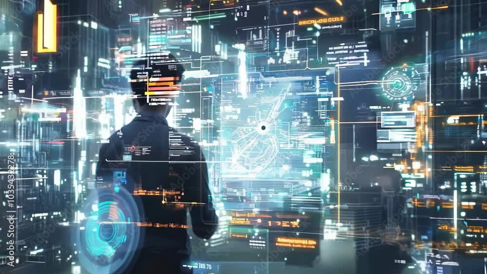 Poster A man is looking at a computer screen in a city
