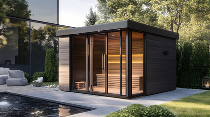 Modern dark sauna design for the home, dream sauna, large sauna area in wood look, luxury black sauna for many people, sauna design for hotels, swimming pools or vacation homes	