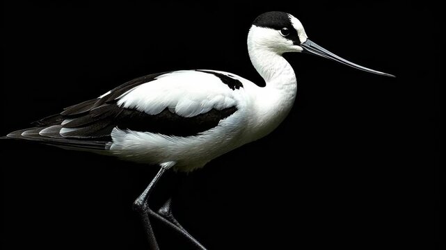 A black-and-white photo of a pied avocet standing on a branch against a dark background