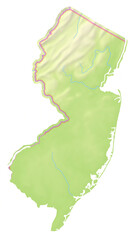 Map of the State New Jersey (US) showing the isolated territory with relief representation, water bodies like seas, rivers, lakes and with borders. No labels at all.