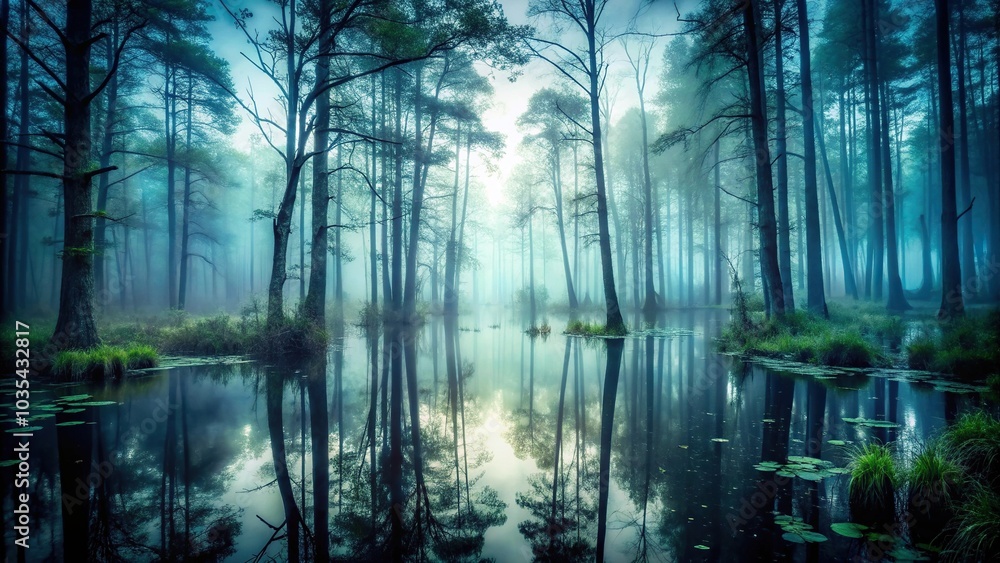 Wall mural low angle view of misty foggy forest swamp background