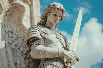 Statue of Archangel Michael with a sword on a black background, Generative AI