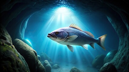 Naklejka premium Low angle view of mysterious glowing fish in dark underwater cave abyss