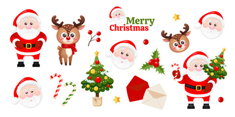 Merry Christmas clipart set with cute Santa Claus and reindeer characters, Christmas tree, candy cane, holly, red berries, envelopes. Vector illustration