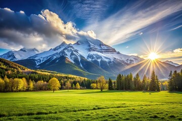 Obraz premium Low angle view of peaceful pasture with snow-capped mountainside bathed in sunlight