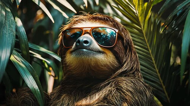 A sloth wearing sunglasses chills in the rainforest
