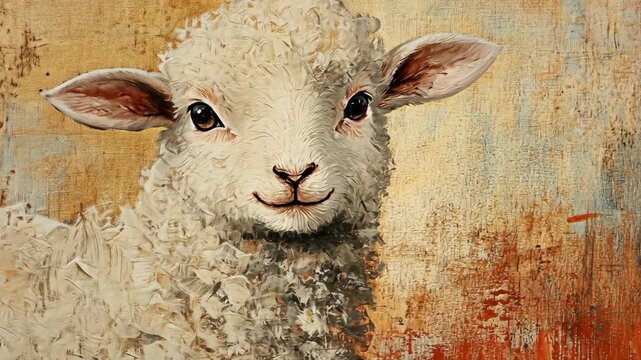A white lamb with brown eyes looks directly at the viewer