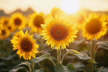 Obraz premium Sunflowers basking in golden sunlight at sunset in a rural field