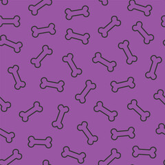 seamless pattern of collection of black outline style bones scattered on a purple background