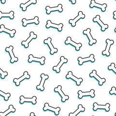 Seamless pattern of collection of black outline style bones scattered on a purple background with blue shadows