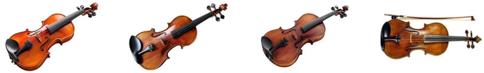 Various views of elegant violins. Set of png on transparent background
