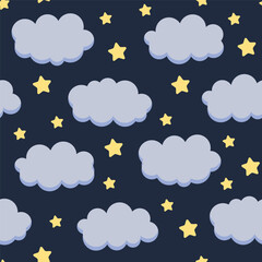 seamless pattern of clouds and stars on blue background of night sky, sleeping child pattern design