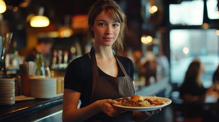 Waitress Serving Food to Customers in Busy Bar Restaurant - Portrait of Service in Action