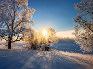 sunset in a frozen landscape