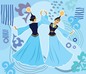 Vector illustration. Two beautiful young women dancing in Kazakh national costume on a background of ornaments and traditional Kazakh symbols. A postcard for Nauryz or Mother's Day