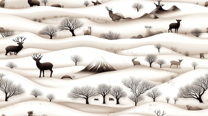 Explore detailed line drawings of wilderness landscapes featuring trees, mountains, and animals, perfect for kids to color and enjoy. SEAMLESS PATTERN