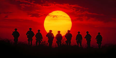 Fototapeta premium Silhouetted Soldiers Against a Fiery Orange Sunset Landscape