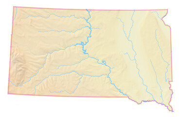 Map of the State South Dakota (US) which shows the isolated territory with relief representation, water bodies like seas, rivers, lakes and with borders. No labels at all.