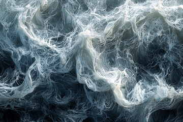 Swirling ocean waves and foam captured in deep blue tones at sunset