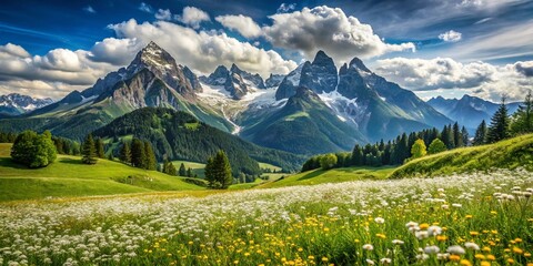 Naklejka premium Idyllic Alpine Landscape with Blooming Spring Meadows and Majestic Mountains