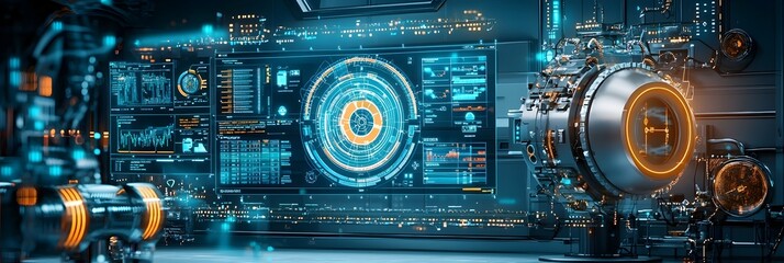 Fototapeta premium An industrial control room setting with multiple monitors displaying system dashboards control panels and data visualizations for monitoring and managing complex industrial processes and technologies