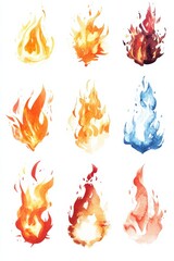 Watercolor Fire. Set of Hand Drawn Flames in Isolated Sketch Illustration