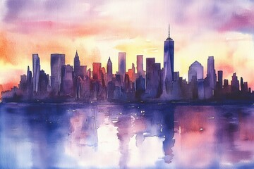 Watercolor Skyline of New York City in USA. Silhouette City Landscape Painted with Watercolors