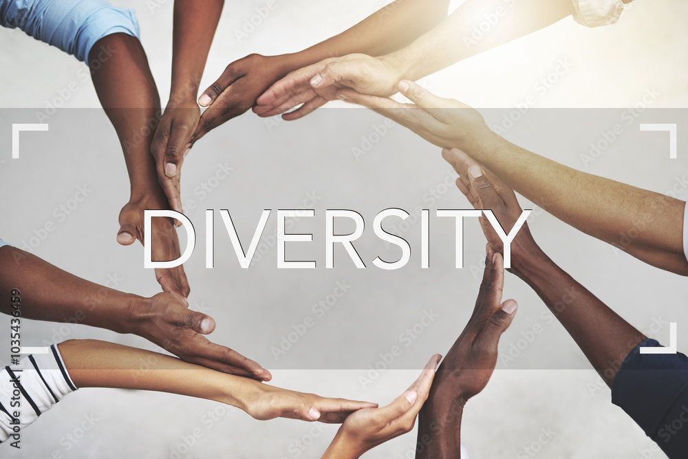 Poster hands, business and people with circle in office for diversity, collaboration and creative integrati
