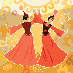Vector illustration. Two beautiful young women dancing in Kazakh national costume on a background of ornaments and traditional Kazakh symbols. A postcard for Nauryz or Mother's Day
