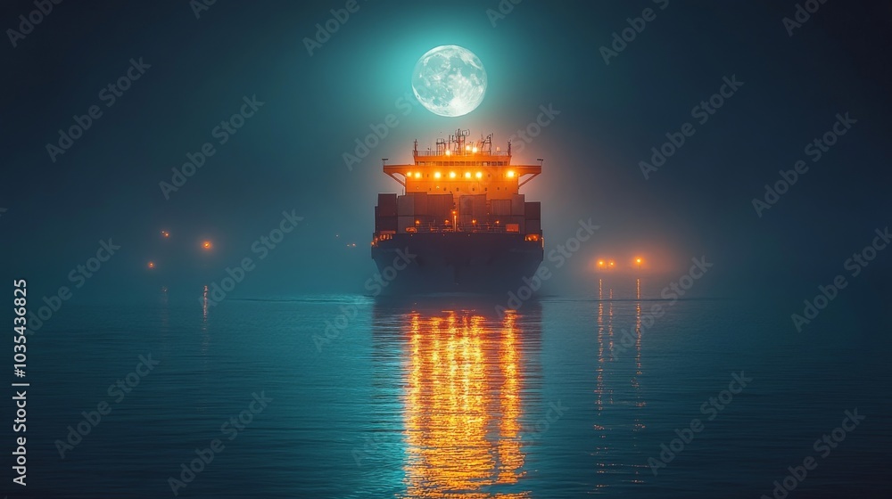 Poster a cargo ship glides through misty waters illuminated by a full moon, creating a serene and mystical 