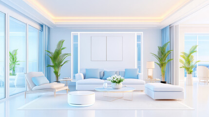 Fototapeta premium modern living room featuring light blue color scheme, large windows, and elegant furniture. space is bright and airy, enhanced by indoor plants and stylish decor, creating serene atmosphere
