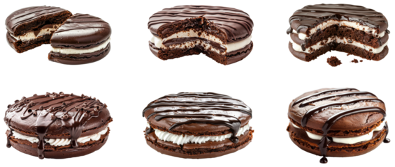 Decadent chocolate cookies filled with cream and drizzled with sauce. Set of png on transparent background