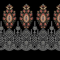 Geometrical pattern embroidery seamless border lace design for digital and textile print on fabric.