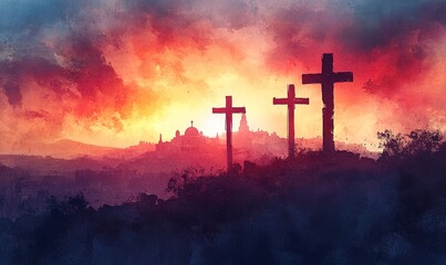 View on the three Crosses on Golgotha from the Holy Sepulchre at sunrise. Digital watercolor painting illustration, Generative AI