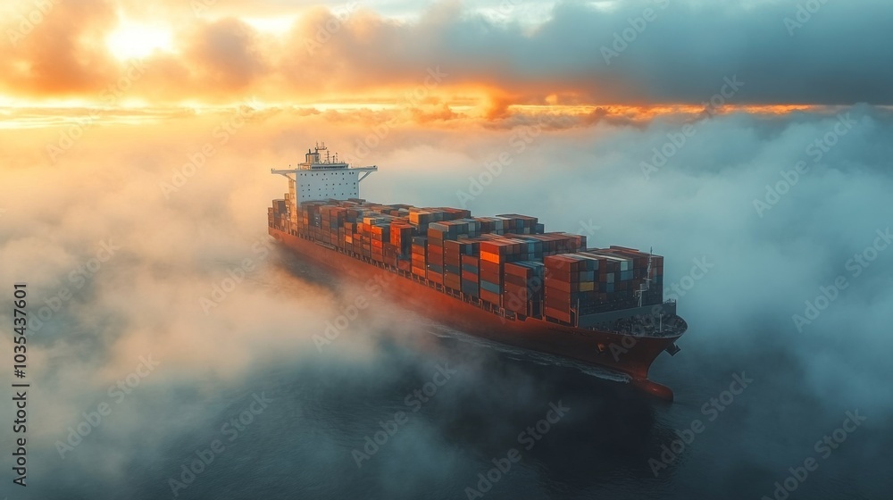 Poster a large cargo ship sails through dense fog at sunset, creating a dramatic contrast with vibrant clou