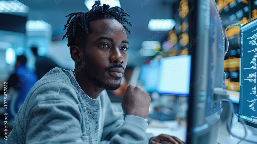 Poster A black software developer working on a computer while in an office with high technology equipment, data systems, and programming.
