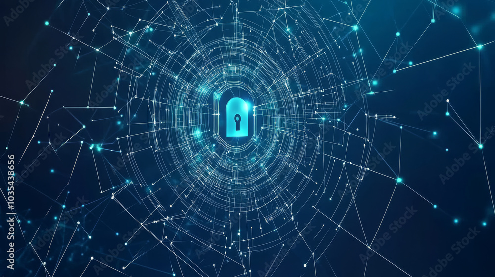 Poster cybersecurity technology concept featuring a lock symbol made of lines and triangles, with a network