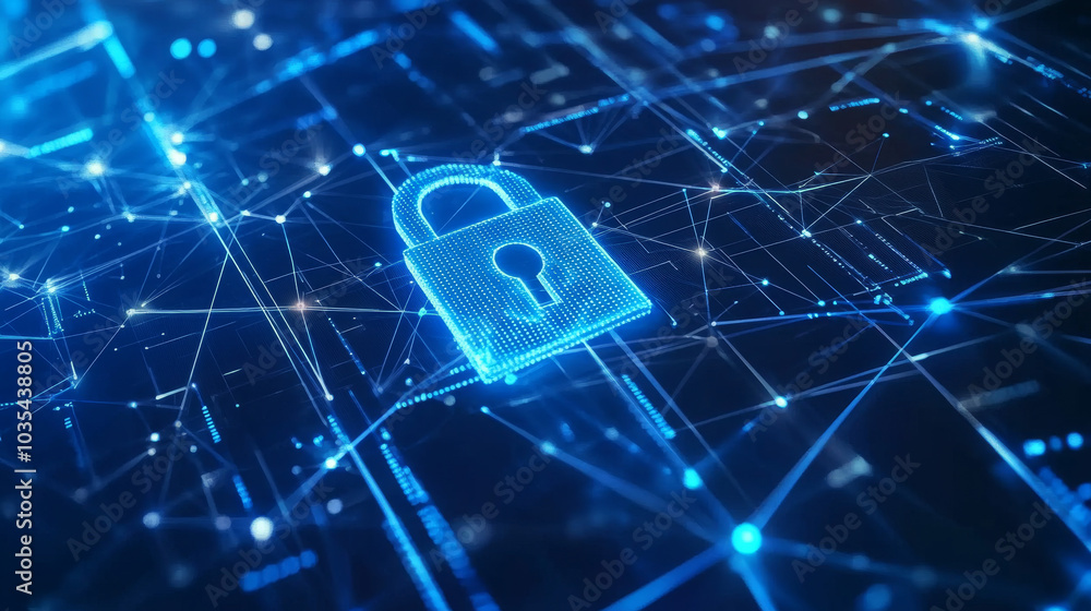 Poster cybersecurity technology concept featuring a lock symbol made of lines and triangles, with a network