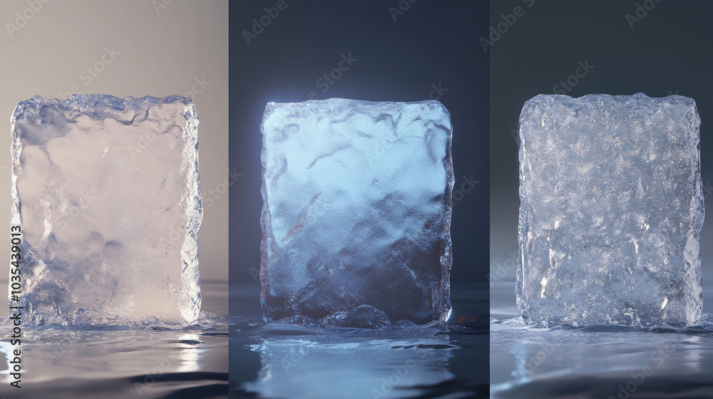Poster ice block showcased in three different lighting setups against various backgrounds for more realisti