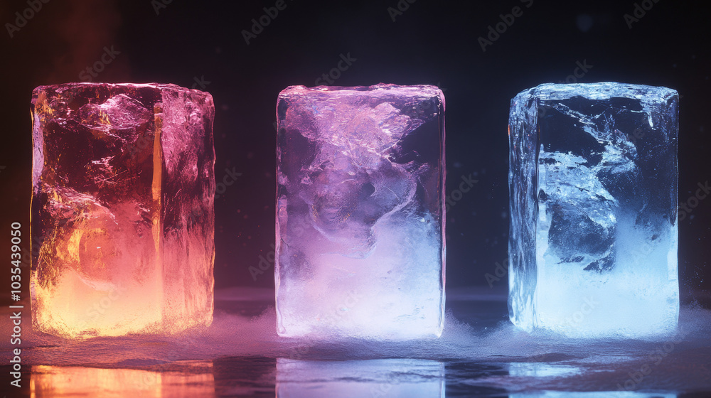 Poster ice block showcased in three different lighting setups against various backgrounds for more realisti