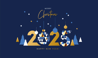 Merry Christmas and Happy New Year banner, greeting card, poster, holiday cover. Modern Xmas design in geometric style with triangle pattern, Christmas tree, ball, snow and 2025 number on night blue 