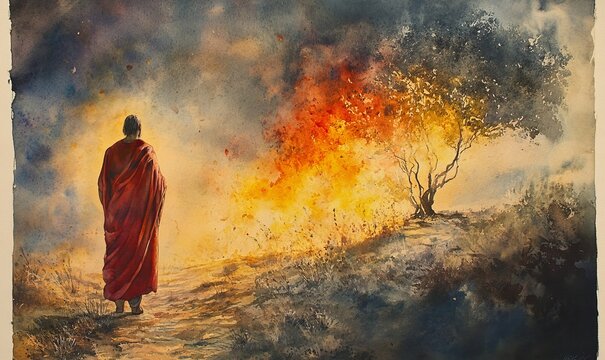 Watercolor painting of Moses in front of the burning bush, Generative AI