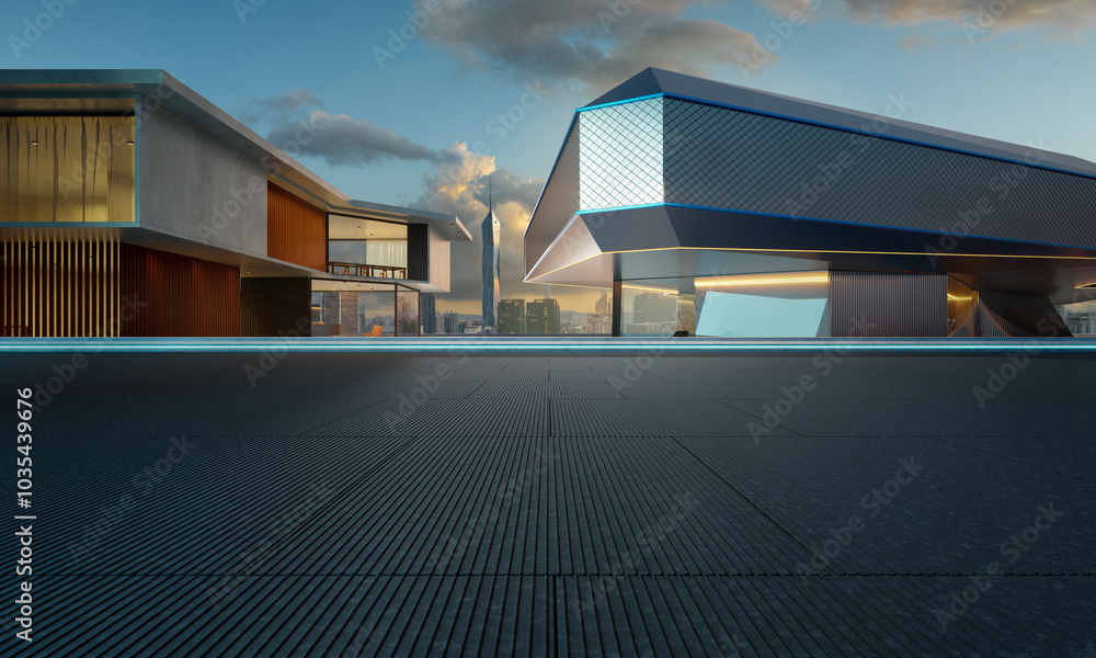 Poster 3d rendering empty ground with modern buildings and city skyline in background