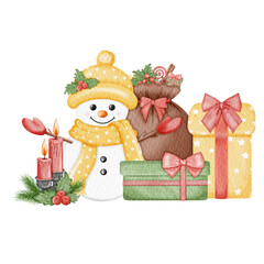 Watercolor yellow christmas snowman with christmas gift.