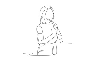 Woman makes a thank you gesture. Thank you concept one-line drawing