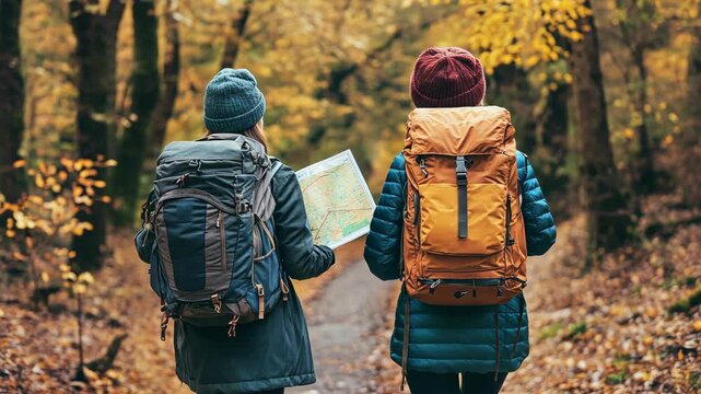 Two friends hike through a forest in autumn, consulting a map to navigate the trail