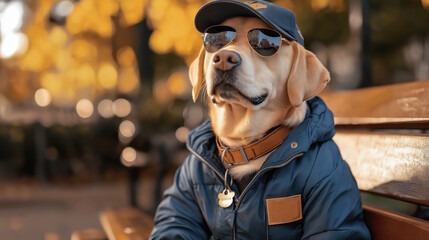 Stylish labrador retriever in sunglasses and jacket relaxing on park bench during autumn