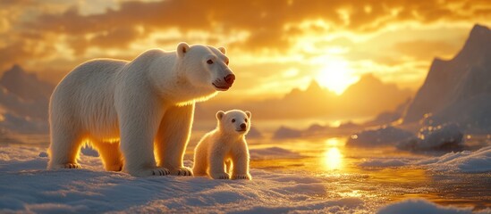 Polar bear and cub stand on icy ground at sunset.