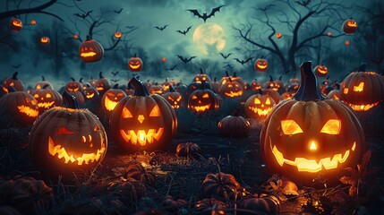 Spooky pumpkin patch at midnight, filled with Jack-o-lanterns of various sizes and expressions. Their carved grins glow with an unsettling orange light. 3D illustration.